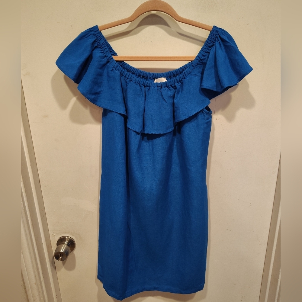 Tommy Bahama Women's Blue Linen Blend Off The Shoulder St. Lucia Mini Dress Sz S